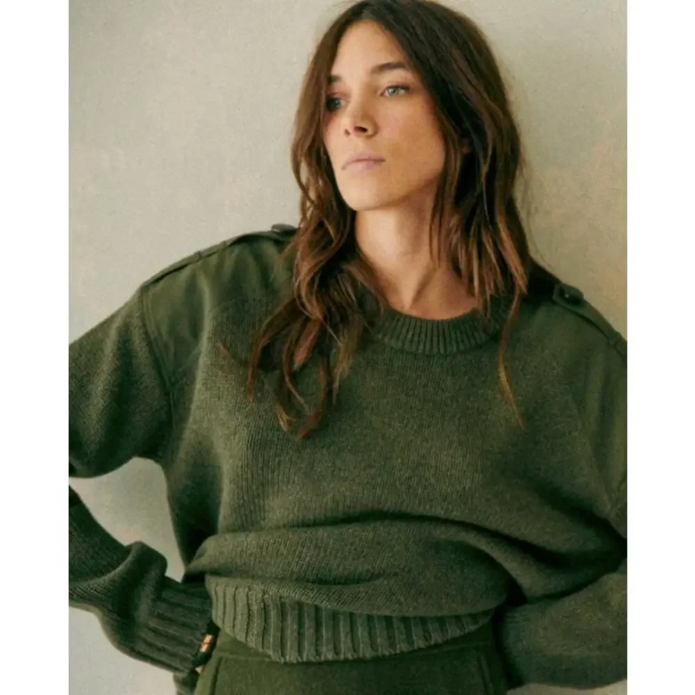 Sezane Ezra Wool Cotton Blend Jumper Sweater Khaki Olive Green Size XXS